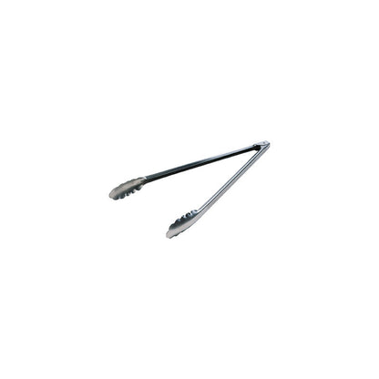 A pair of stainless steel tongs on a white background.