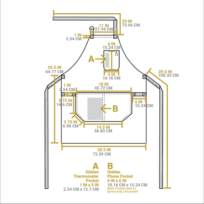 Dimensional drawing of apron detailing 2 hidden pockets for a thermometer and phone.