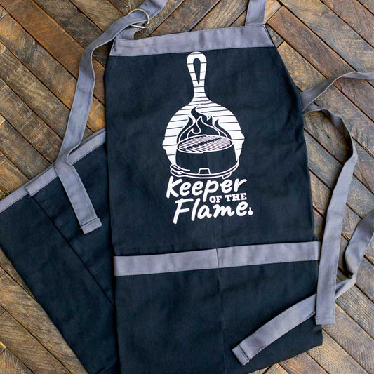 Apron folded on counter.
