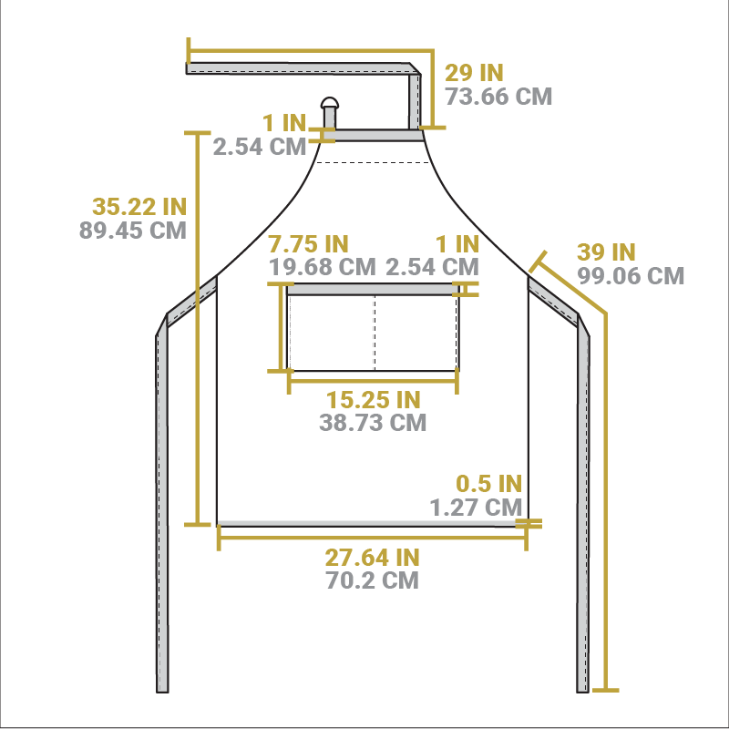 Dimensional drawing of product. Body tie straps are 39 inches long, neck tie strap is 29 inches long, width of apron is 27.64 inches, length of apron is 5.22 inches.