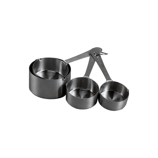 A set of stainless steel measuring cups in different sizes, with a long handle and spout for pouring.