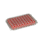 Chainmail scrubber with silver chains and red interior.