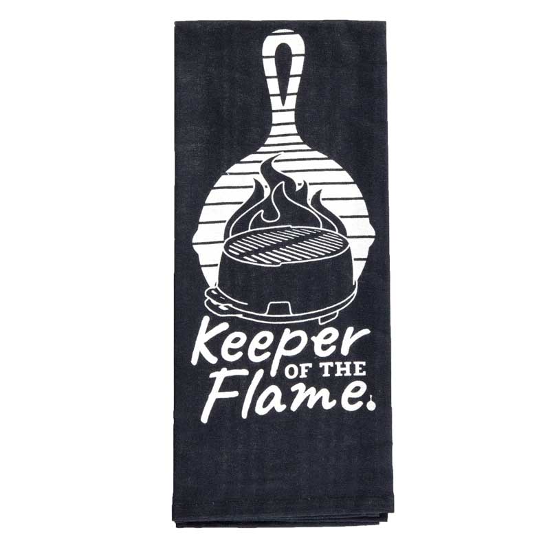 Black towel with a white grill and skillet graphic and 'Keeper of the Flame' white text.