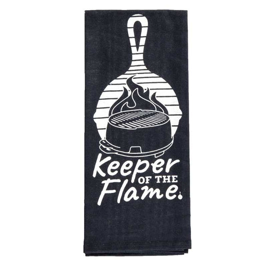 Black towel with a white grill and skillet graphic and 'Keeper of the Flame' white text.