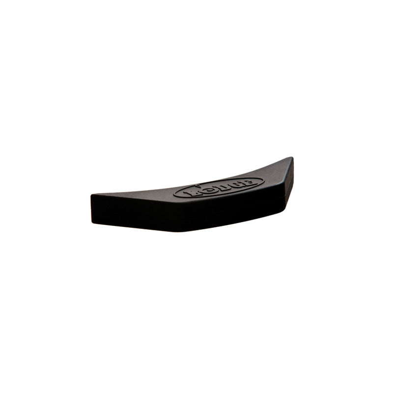 Black silicone assist handle holder with Lodge branding.