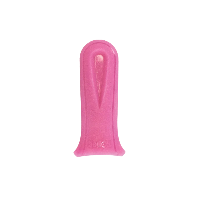 Pink silicone handle holder with indent to provide a secure grip on handle on a transparent background.