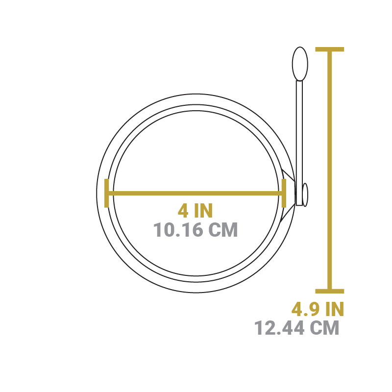Dimensional drawing of product. Diameter of circle is 4 inches, length including handle is 4.9 inches.