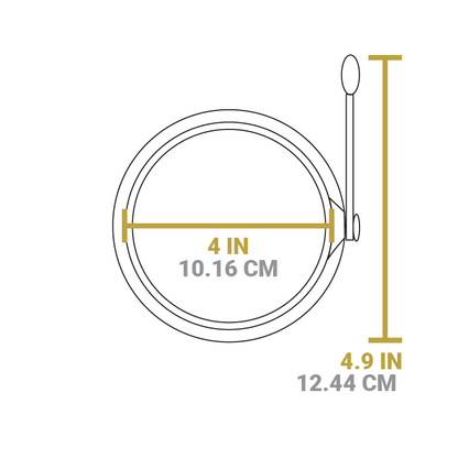 Dimensional drawing of product. Diameter of circle is 4 inches, length including handle is 4.9 inches.