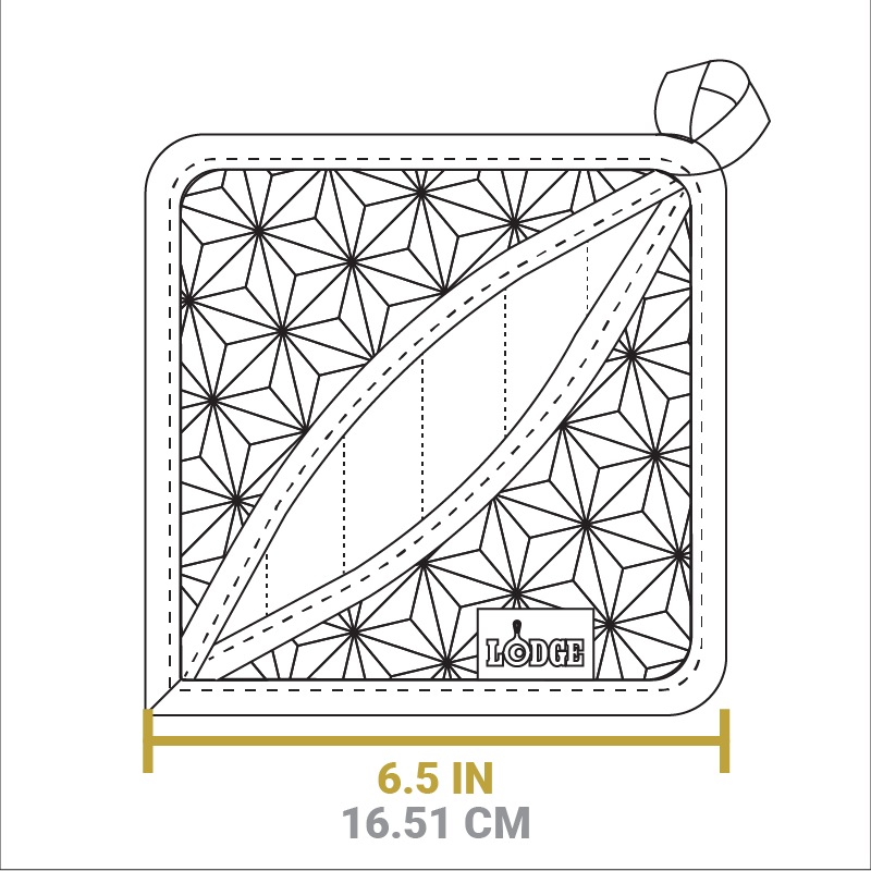 Dimensional drawing of product. Side is 6.5 inches long.