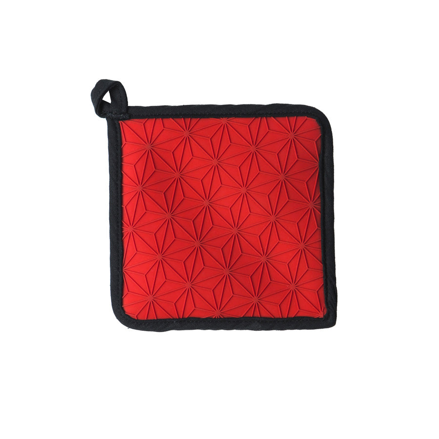 Bottom view of handle holder with black fabric trim and red silicone geometric star pattern.