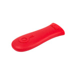 Red silicone handle holder with Lodge branding embossed.