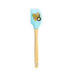 Spatula with a blue head with a heart graphic and wooden handle.