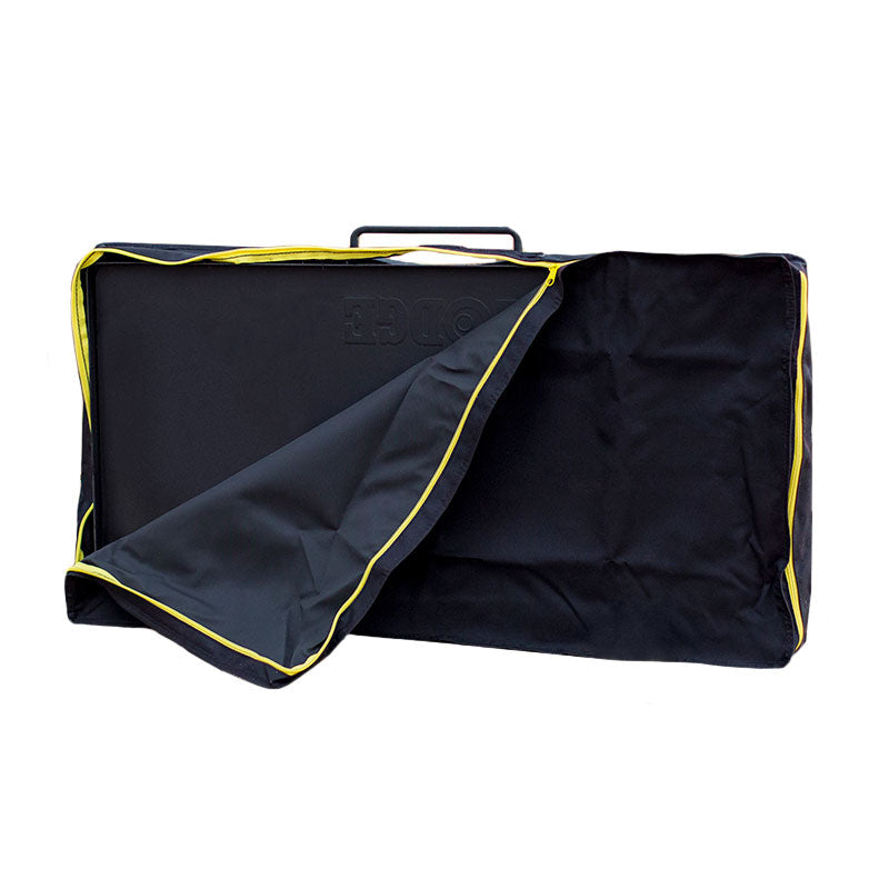 Black carrying case with yellow trim on a white background