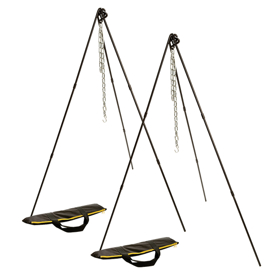 Set of 2 black tripod's with silver chains and a carrying case each.
