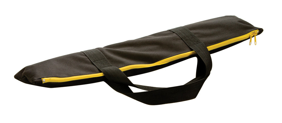 Tripod packed in black case with yellow zipper.