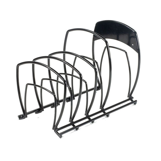 Cookware storage rack with 4 spaces for cookware.