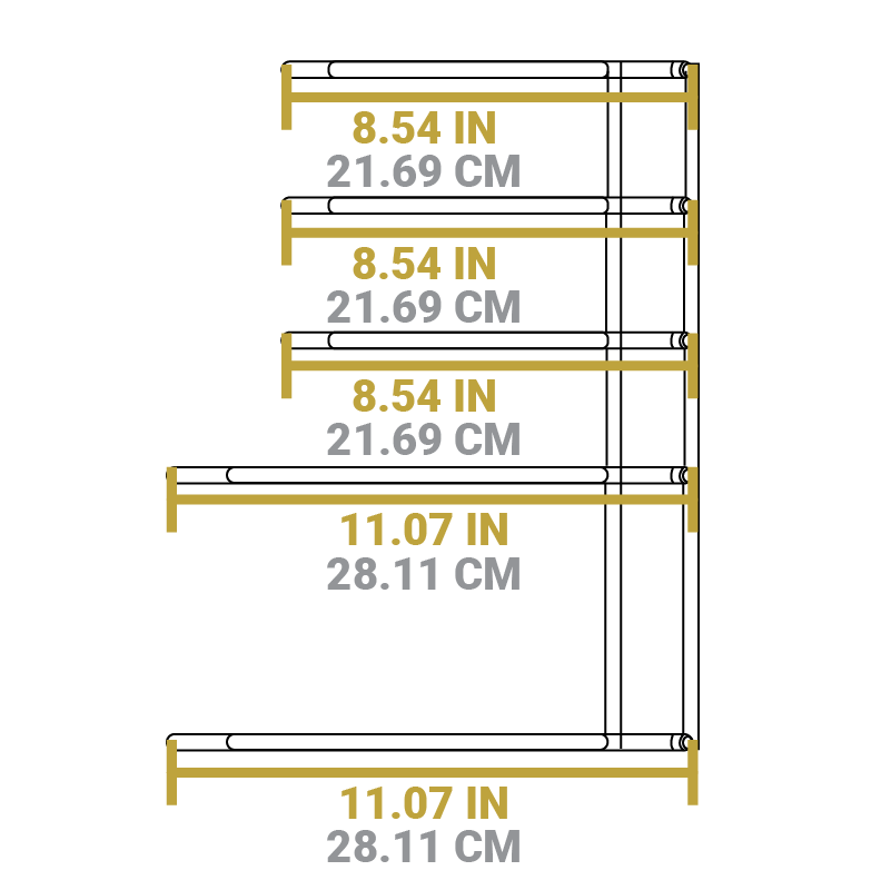 Dimensional drawing of product. There are 5 dividers, at one end 2 are 11.07 inches long and the remaining 3 and 8.54 inches long.