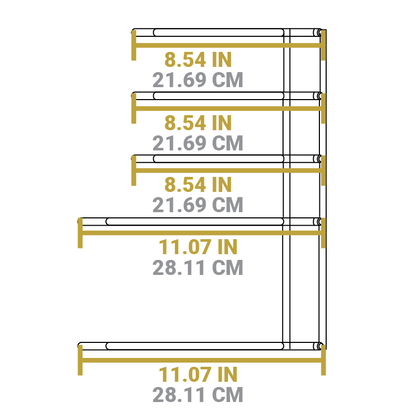Dimensional drawing of product. There are 5 dividers, at one end 2 are 11.07 inches long and the remaining 3 and 8.54 inches long.