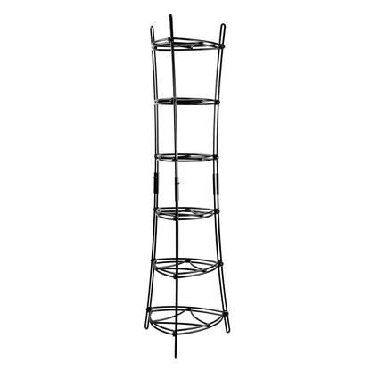 Black metal shelf with 6 shelves that get wider at top and bottom and thinner in middle.