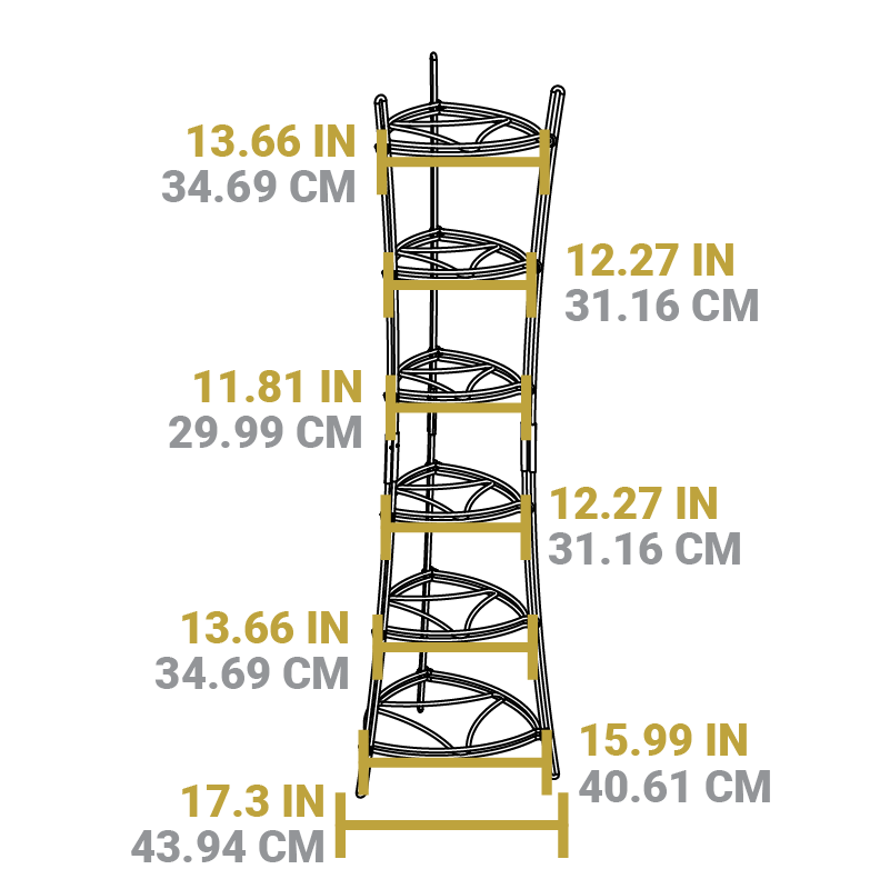 Dimensional drawing of product. Width of bottom legs is 17.3 inches, the width of each shelf in order of bottom to top: 15.99, 13.66, 12.27, 11.81, 12.27, 13.66 inches.