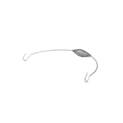 Silver bail handle with hook at each hand and a spiral grip in middle of handle.