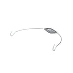 Silver bail handle with hook at each hand and a spiral grip in middle of handle.