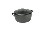 Black dutch oven with 2 handles and a lid.