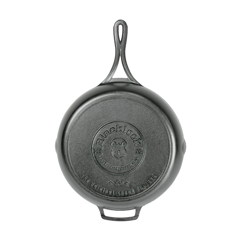 Bottom of skillet featuring the Blacklock collection logo.