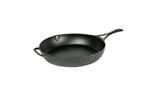 A black, cast iron skillet with a long handle and a loop handle on other side, along with two pour spouts on opposite sides.