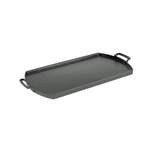 Rectangular shaped griddle with 2 handles, short sides are curved outwards.