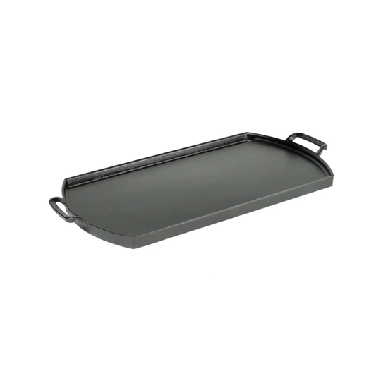 Rectangular shaped griddle with 2 handles, short sides are curved outwards.
