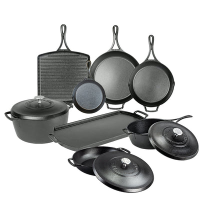Set of black cast iron cookware including skillets, pans, and a dutch oven on a white background