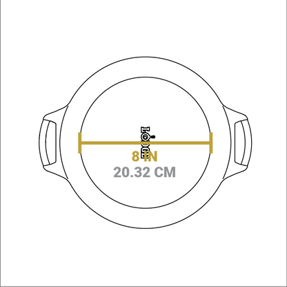 Dimensional drawing of Baker's Skillet. Width of flat bottom is 8 inches.