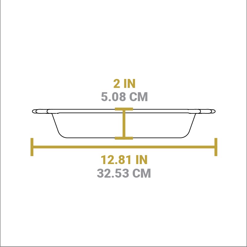 Dimensional drawing of Baker's Skillet. Height is 2 inches, width is 12.81 inches.