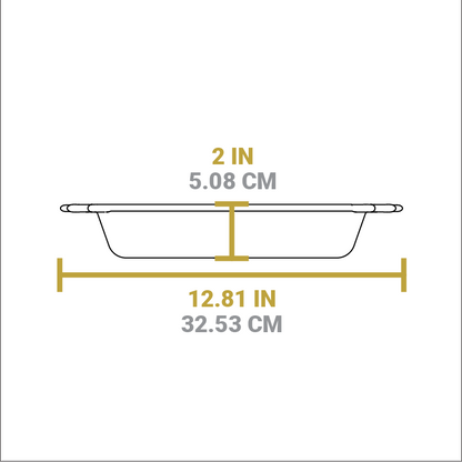 Dimensional drawing of Baker's Skillet. Height is 2 inches, width is 12.81 inches.