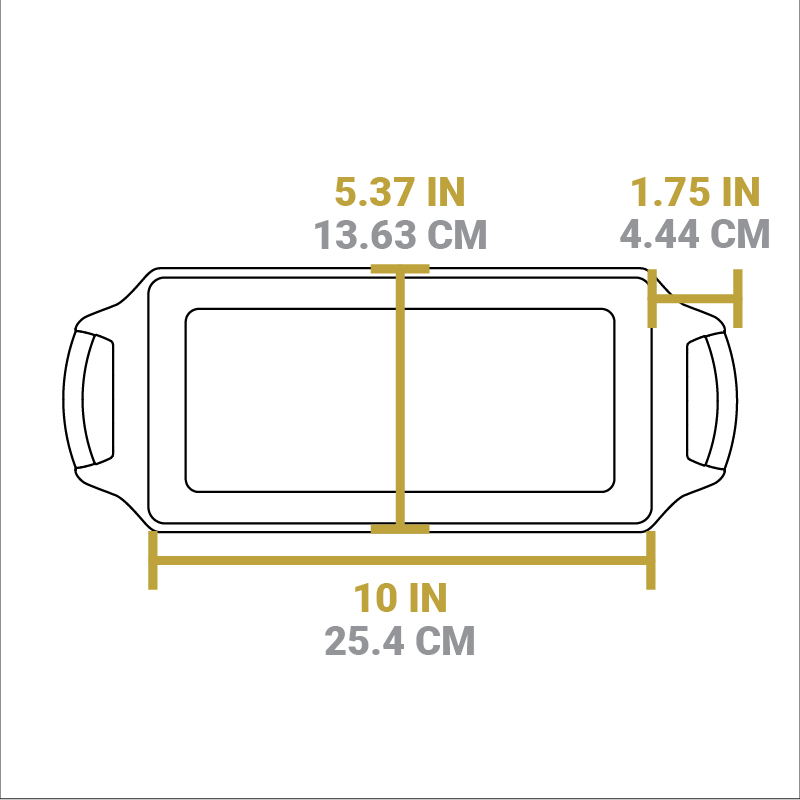 Dimensional drawing of product. Width of cooking area is 5.37 inches and cooking area length is 10 inches. Length of handle from pan is 1.75 inches.