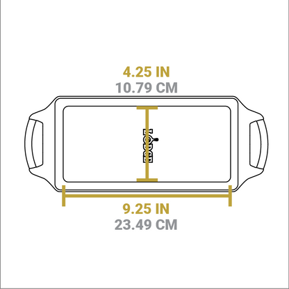 Dimensional drawing of product. Flat bottom width is 4.25 inches and flat bottom length is 9.25 inches.