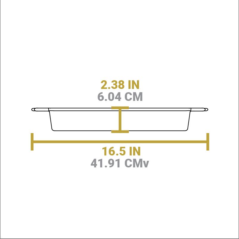 Dimensional drawing of casserole pan. Total length is 16.5 inches, height is 2.38 inches.