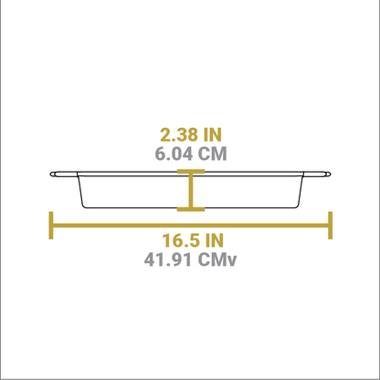 Dimensional drawing of casserole pan. Total length is 16.5 inches, height is 2.38 inches.