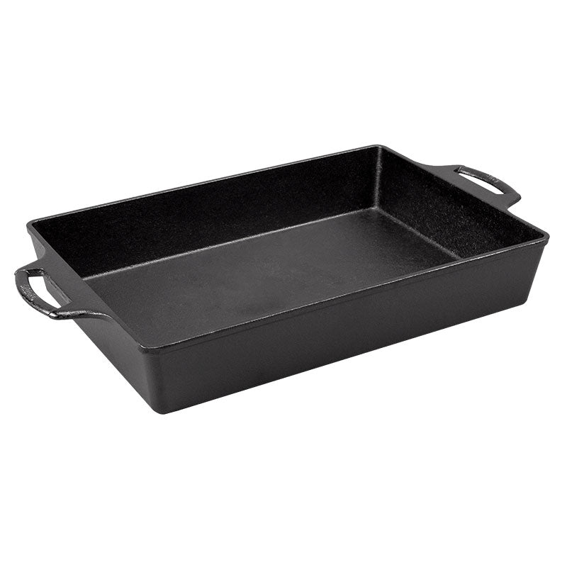 A black cast iron rectangular casserole dish with two handles on the sides.