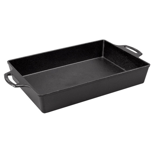 A black cast iron rectangular casserole dish with two handles on the sides.