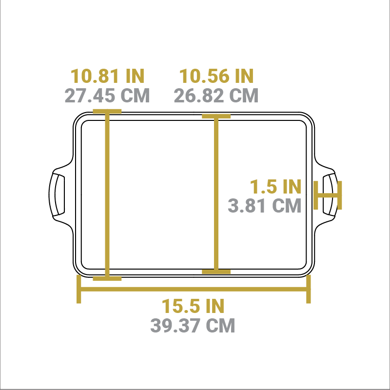 Dimensional drawing of baking pan. Width of cooking area is 15.5 inches, length of cooking area is 10.56 inches, length of handle from pan is 1.5 inches, and total length including edges is 10.81 inches.