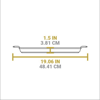 Dimensional drawing of baking pan. Depth is 1.5 inches, total width including handles is 19.06 inches.