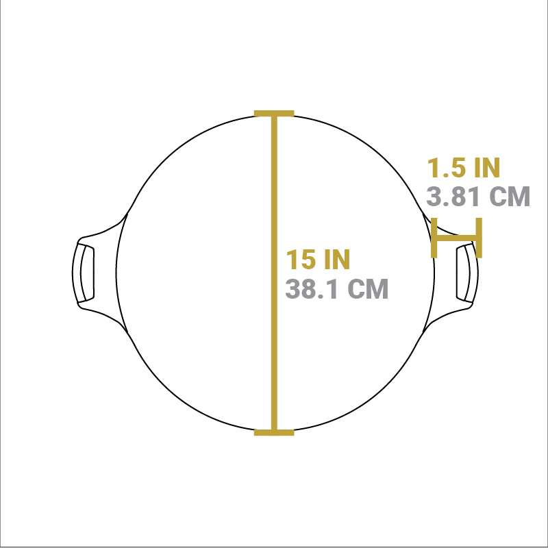 Dimensional drawing of product. Diameter of pan is 15 inches, length of handle from pan is 1.5 inches.