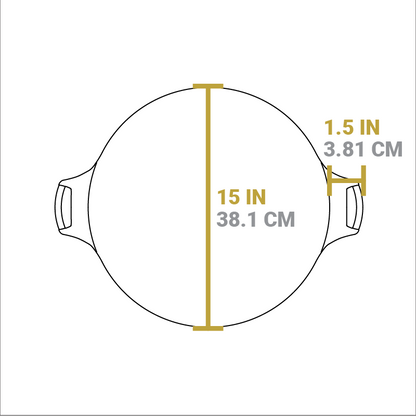 Dimensional drawing of product. Diameter of pan is 15 inches, length of handle from pan is 1.5 inches.