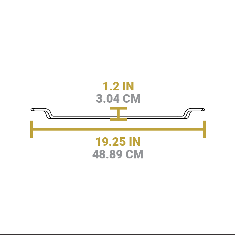 Dimensional drawing of product. Total width including handles is 19.25 inches, height of handles is 1.2 inches.