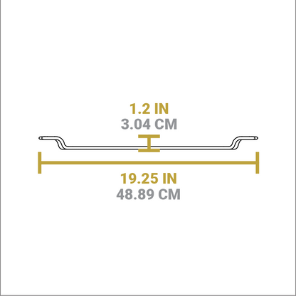 Dimensional drawing of product. Total width including handles is 19.25 inches, height of handles is 1.2 inches.