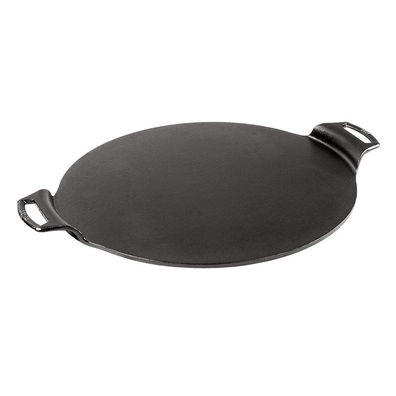 Circular pizza pan with 2 handles and a no edges.