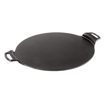 Circular pizza pan with 2 handles and a no edges.