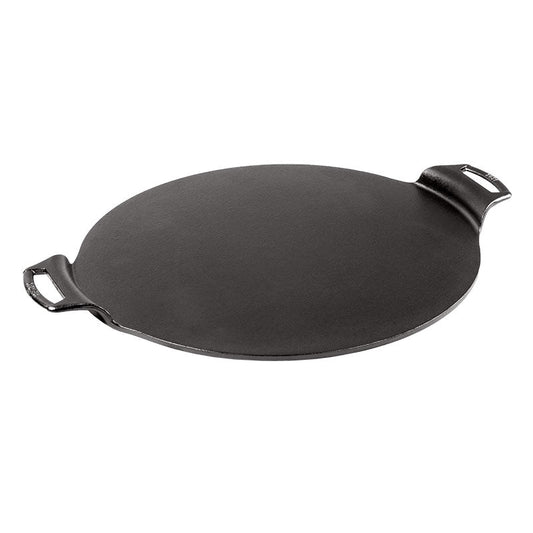 Circular pizza pan with 2 handles and a no edges.